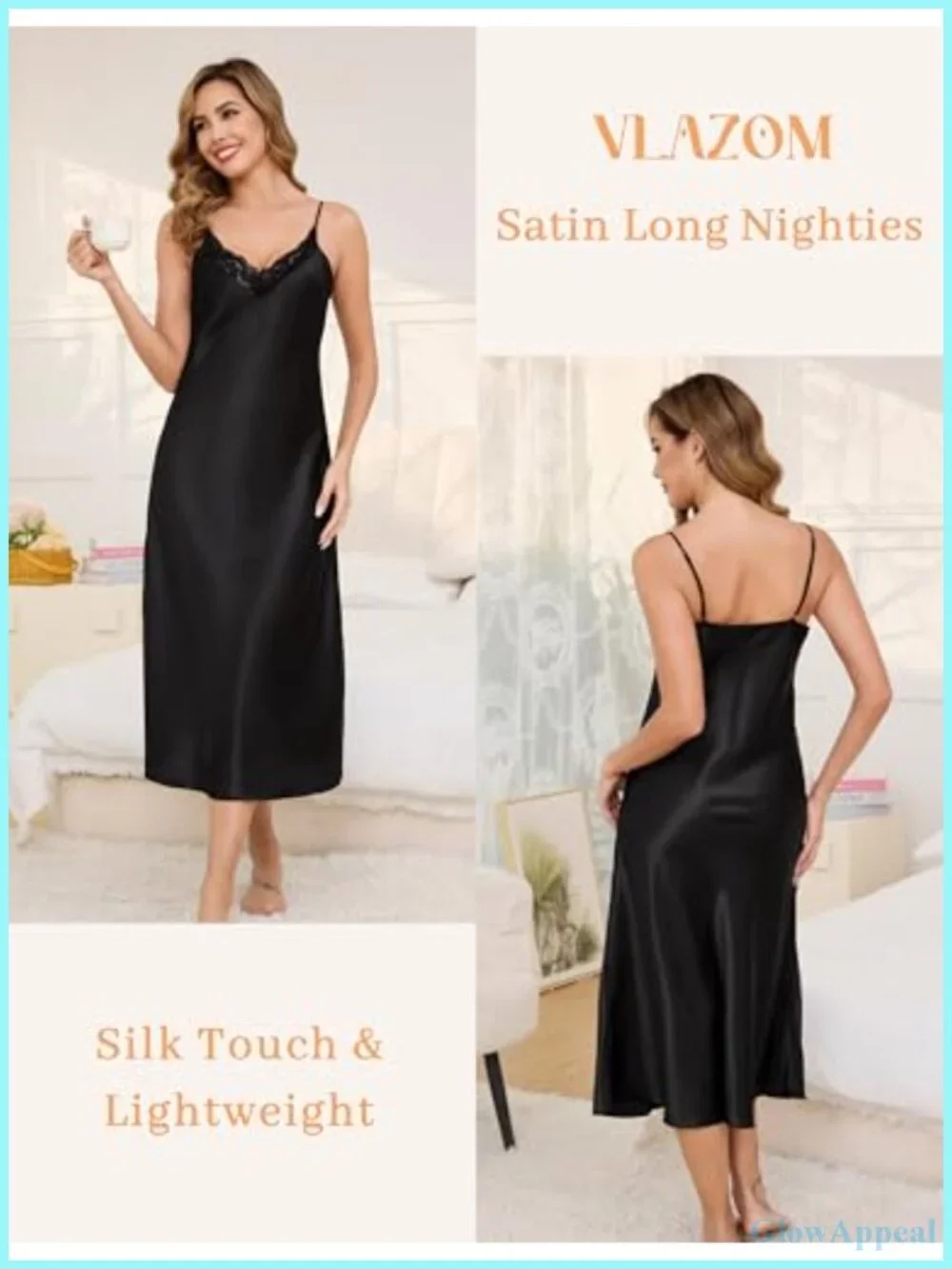 Women's Satin Nightgown with Lace Trim Adjustable Straps Silky Long Chemise